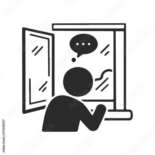 Black silhouette of person looking out window with speech bubble