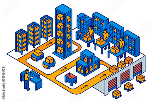 Isometric view of smart warehouse logistics with automated guided vehicles and human workers managing inventory