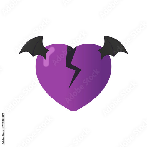 Purple broken heart with bat wings, Halloween-inspired love and heartbreak symbol, unique flat vector illustration for emotion, dating app, or spooky-themed design.