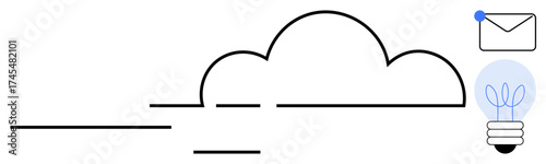 Cloud with flowing lines, lit bulb with sprouting leaves, and envelope with notification dot. Ideal for technology, cloud computing, innovation, communication, email, data storage digital success