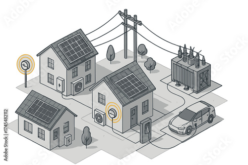 Decentralized energy system connecting residential solar panels, electric vehicle charging, and power infrastructure