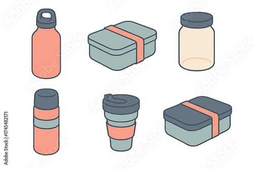 Reusable containers set for sustainable zero waste lifestyle including bottles and lunch boxes