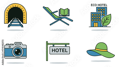 Set of Travel, Hotel, and Vacation Related Icons and Symbols