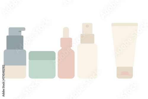Minimalist collection of cosmetic packaging containers including pump bottle, cream jar, dropper, spray, and tube in soft pastel colors