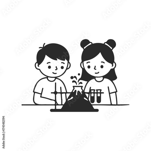 Asian female and male children conducting a science experiment with a volcano model