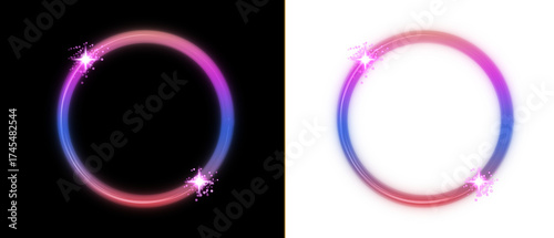 Photography Colorful Neon Light Ring with Sparkle Effects in Pink Blue Gradient on Black Bac