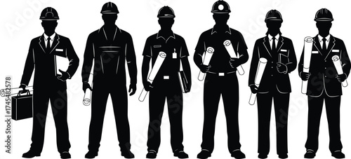 Engineer and architect silhouette vector set with six blueprint poses, formal attire, hard hats, project planning, and construction leadership