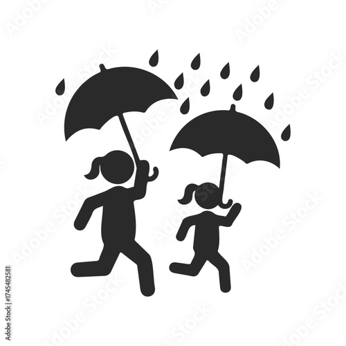 Silhouette of people with umbrellas in rainy weather