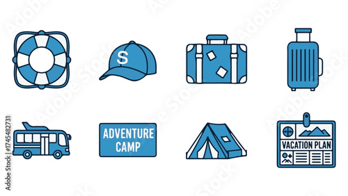 Set of Travel, Adventure, and Vacation Outline Icons