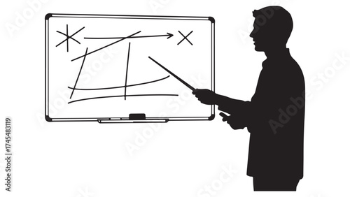 Silhouette of a Person Explaining Concepts on a Whiteboard with a Pointer