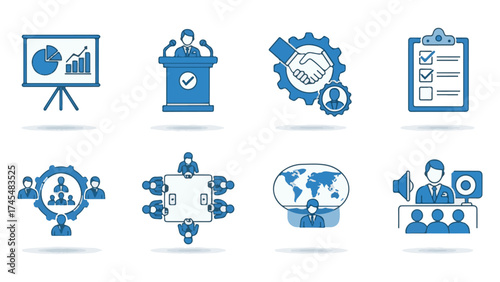 Business and Corporate Meeting Icons Set: Presentation, Teamwork, Global Strategy