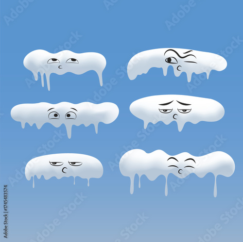 Cartoon snow caps, snowdrifts and icicles. Snowy christmas decoration elements. Snow cold frozen, snowflake wintery for web design illustration