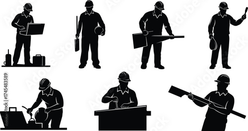 Construction worker silhouette vector set with six poses, blueprint, saw, paint roller, wrench, measuring tape, toolbox, and gear