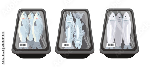 Packaged Fresh Fish Display. Assorted Fish in Plastic Packaging. Seafood Packaging Display at Market.