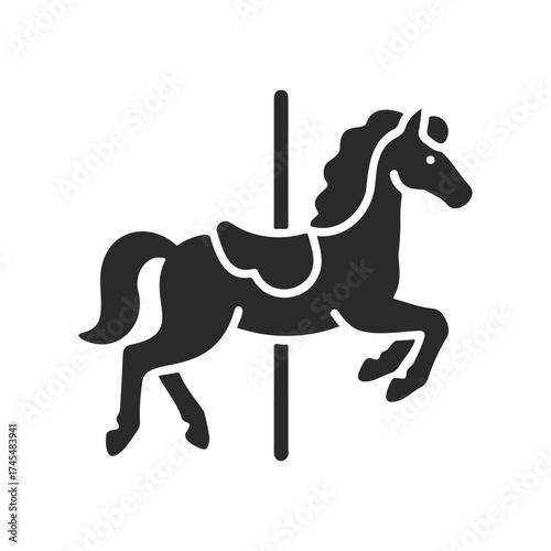 Silhouette of black carousel horse with saddle on white background