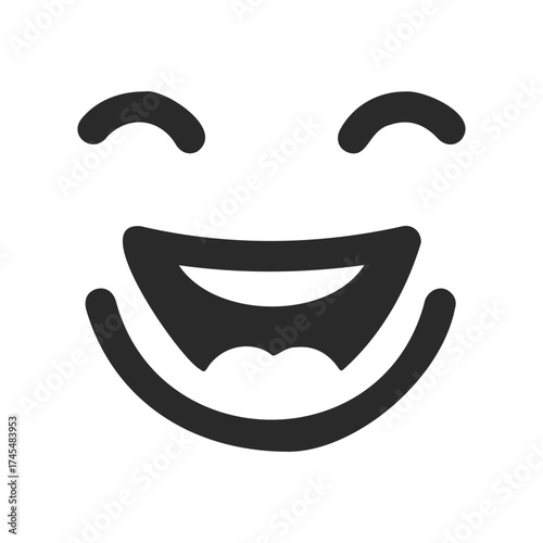 Black smiling face emoji with open mouth and closed eyes on white background