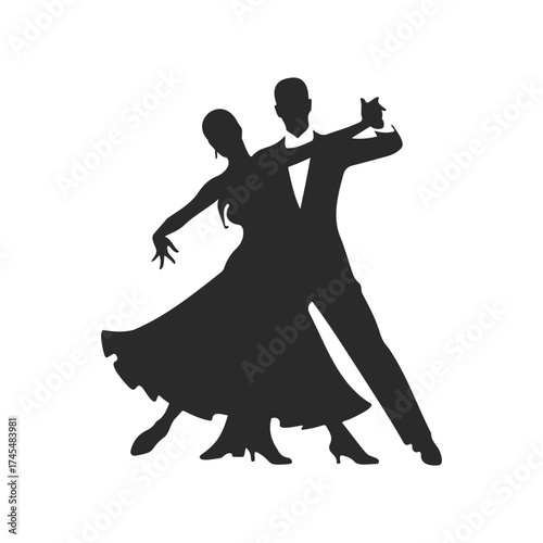 Silhouette of couple ballroom dancing in formal attire on white background