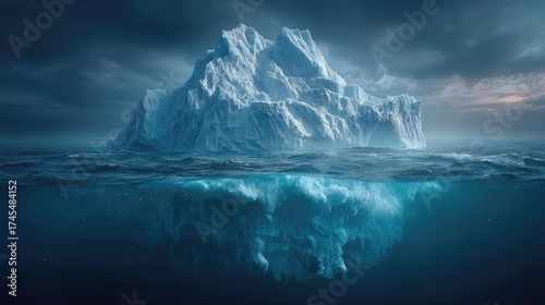 Dramatic iceberg split view showing climate change concept. Majestic iceberg floats in a serene ocean under dramatic skies.