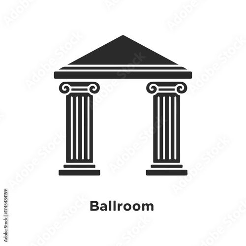 Black silhouette of ancient greek columns with pediment above the word ballroom