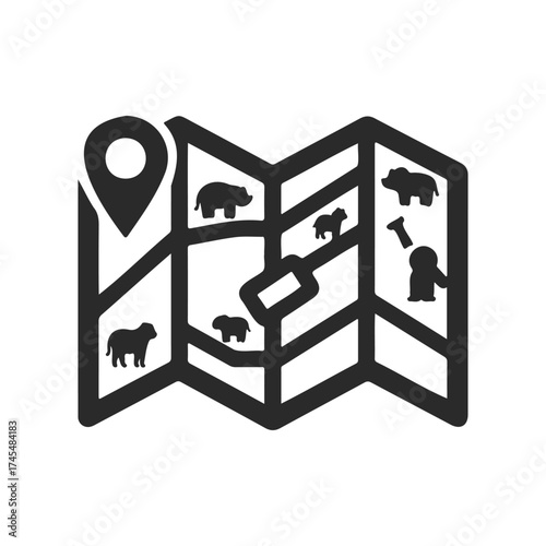 Black map icon featuring animals and adventurer with pickaxe