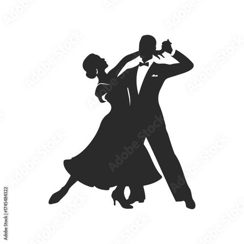Silhouette of dancing couple performing graceful ballroom dance