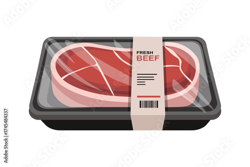 Supermarket Packaged Beef Meat. Premium Beef Steak Pack Illustration. Fresh Cut Beef in Sealed Pack. Beef Meat Packaging Illustration