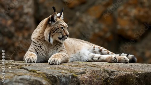 The image shows a lynx lying on a large rock. The background consists of rock. The lynx is located in the center of the frame, its head and front paws are closer to the viewer, and its body is stretch