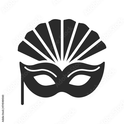 Black carnival mask with fan design silhouette on white background
