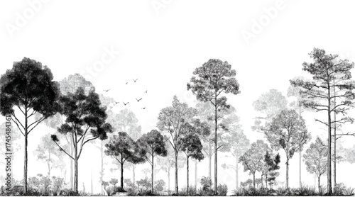 Minimal CAD Tree Line Drawing Vector Architectural Landscape Tree Elements Side View Outline Symbols Illustration Minimal CAD Tree Line Drawing Vector | Side View Tropical & Street Trees 