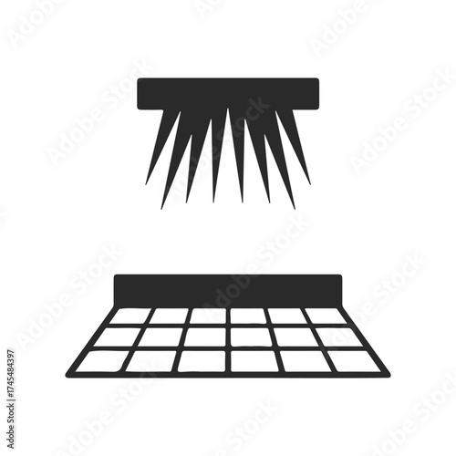 Minimalist black and white shower icon with water spray and grid tile design