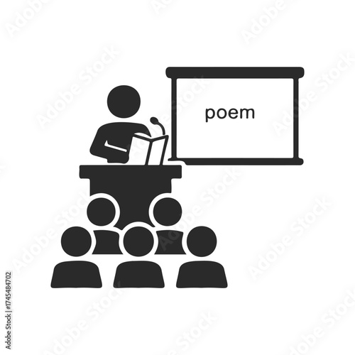 Poetry reading presentation icon with audience and speaker