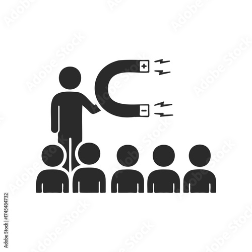 Business influence: icon of leader using magnet to attract audience