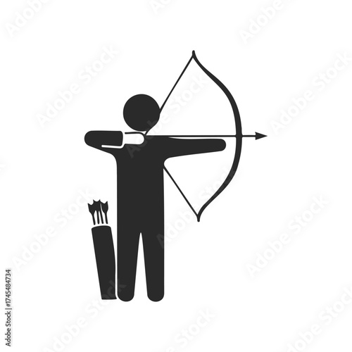Stick figure archer with bow and arrow in minimalist black and white design