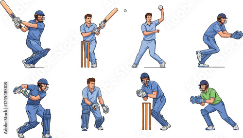 Cartoon cricket player vector set with eight colorful characters in batting, bowling, wicketkeeping, fielding, stumps, ball action, and poses