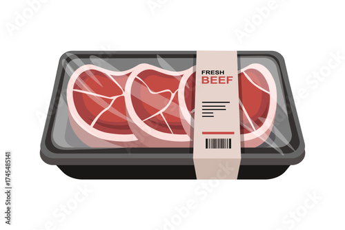 Fresh Beef Meat Tray Illustration. Butcher Packaged Fresh Beef Slices. Packaged Fresh Beef Slices Illustration. Supermarket Packaged Beef Meat