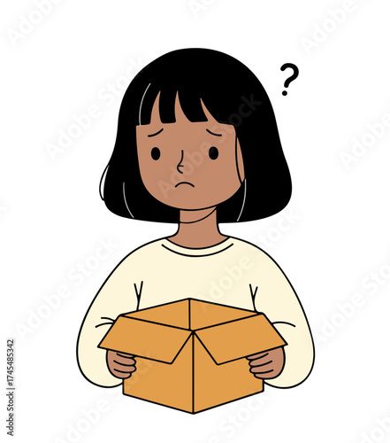 Confused young woman ponders mystery box contents with questioning expression