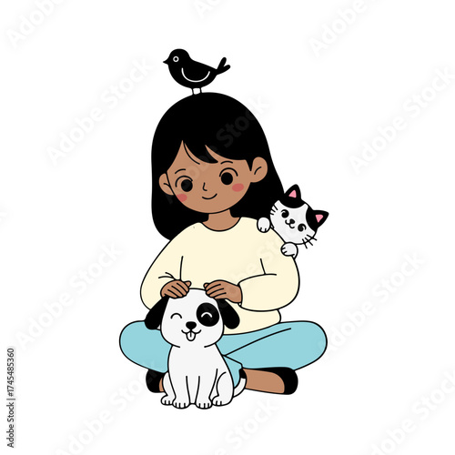 Charming cartoon girl with pet puppy, cat and bird: A joyful animal lover scene