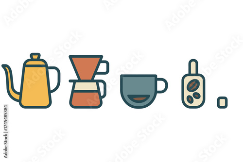 Stylized set of essential coffee preparation tools and accessories for home brewing including a kettle and dripper
