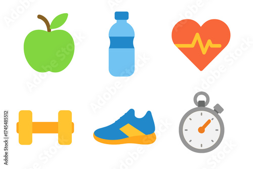 Set of flat design icons representing fitness, health, and wellness concepts