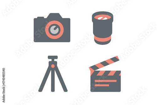 Essential equipment icons for photography video production camera lens tripod and clapperboard