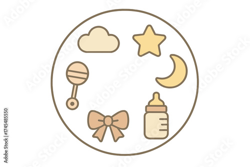 Cute collection of newborn baby essentials and celestial elements in soft neutral colors