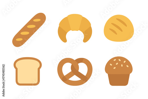 Set of six popular bakery products including baguette, croissant, pretzel, and muffin