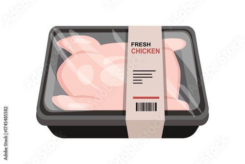 Whole chicken packaging illustration. Fresh chicken packing. Supermarket frozen food pack. Packaged Fresh Chicken Illustration