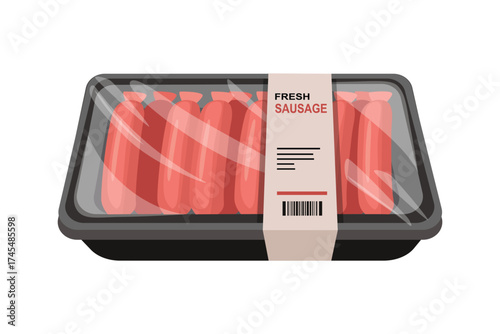 Sausage Package Illustration. Food Product Package. Modern Sausage Packaging Mockup. Supermarket frozen product. Plastic Wrapped Sausage Pack