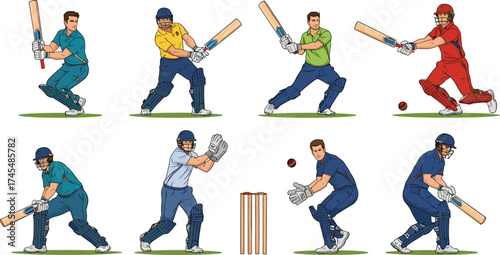 Cricket player vector set with eight colorful uniforms, batting, fielding, wicketkeeping poses, stumps, ball interaction, and gameplay action