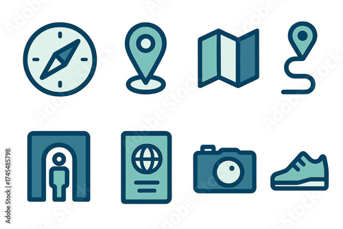 Essential travel and navigation symbols: compass, map pin, passport, camera, and shoe