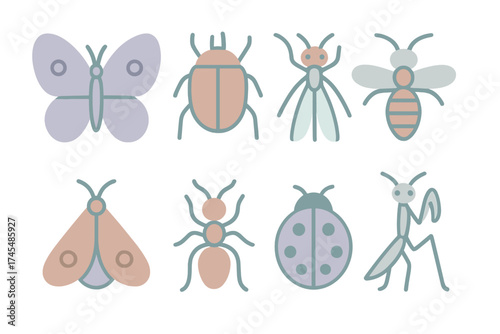 Minimalist collection of various flying and crawling insect symbols in soft pastel colors