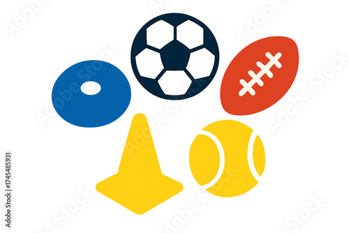Colorful collection of sports equipment: soccer ball, American football, tennis ball, training cone, marker disc