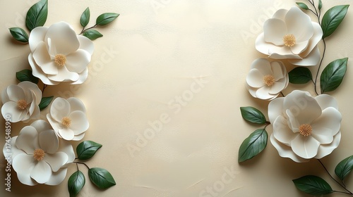 Creamy Beige Background with Paper Flowers, Ideal for Wedding Invitations