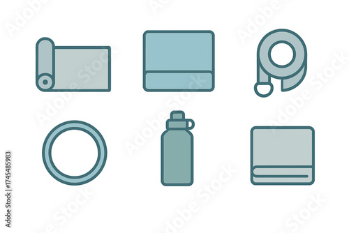 Minimalist set of six fitness and wellness accessories including yoga mat, towel, water bottle, and resistance band
